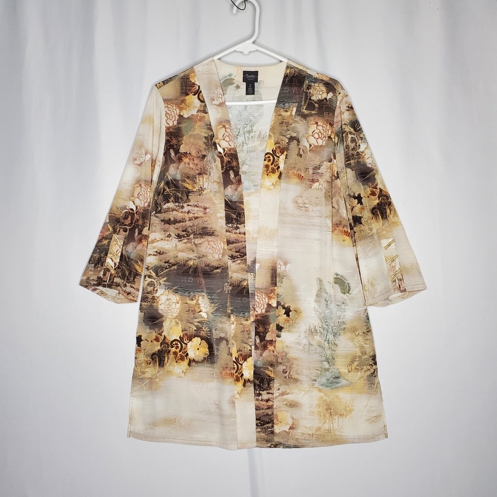 Chicos Travelers Duster Cardigan Women Large Asian Floral Geisha Overlay 3/4‎